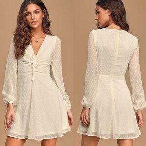 Lulus Womens Wine & Dine Cottagecore White Swiss Dot Long Sleeve Skater Dress XS